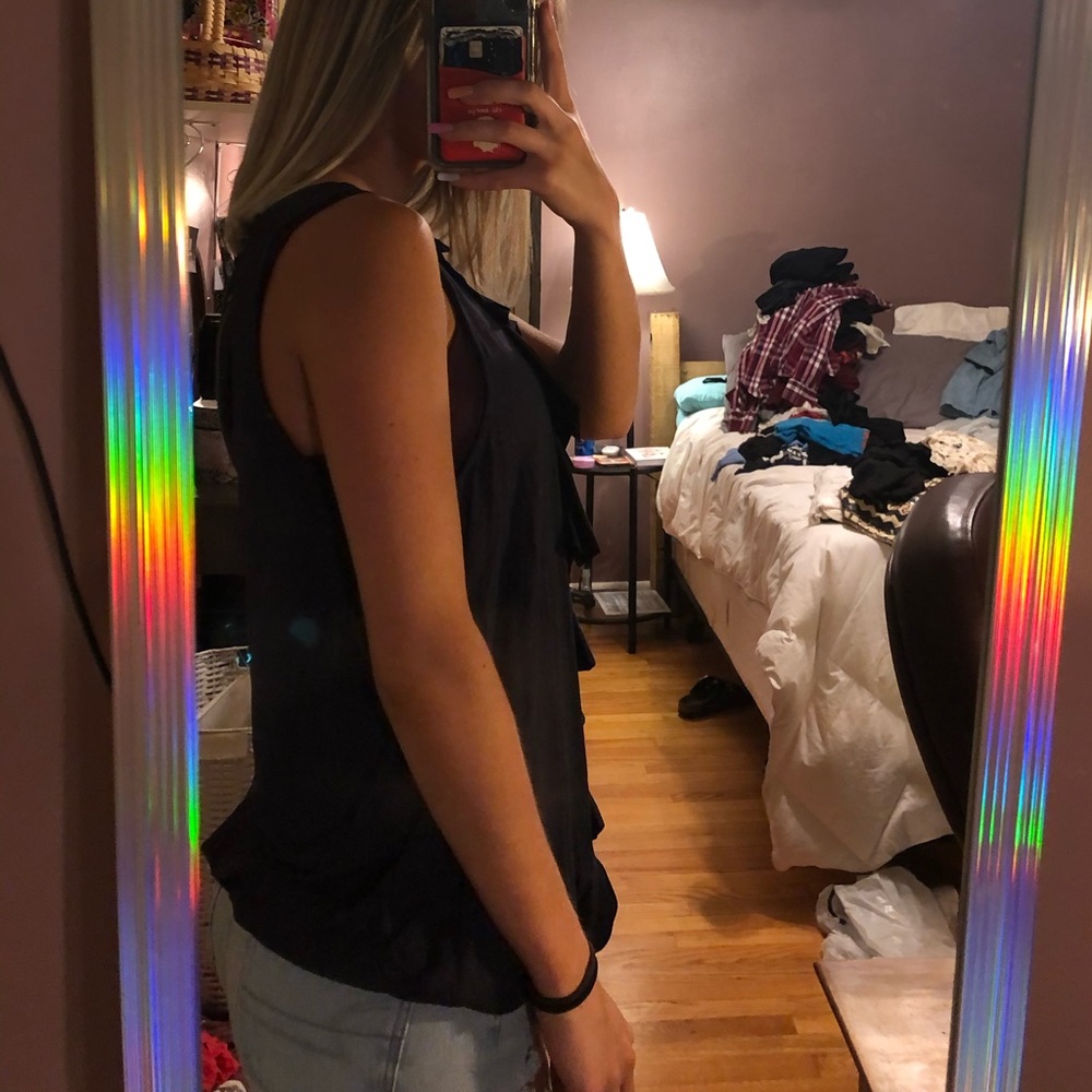 navy blouse with ruffle up the front